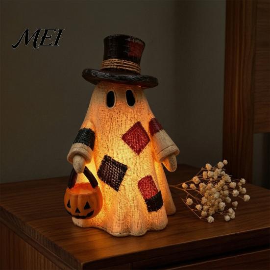 Rustic Fall Home Decor Lighted Patchwork Ghost Resin Figurine with Pumpkin Lantern, Farmhouse Style Halloween Thanksgiving Table Decorations Tabletop