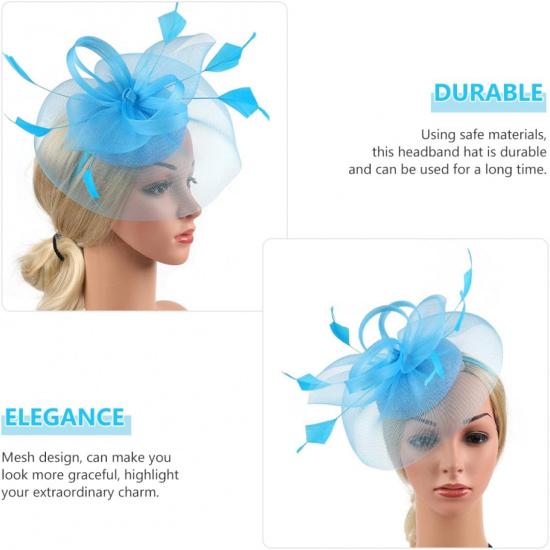 Abaodam Gauze Fascinator Headband with Mesh Flower Clip Women’s Bridal Tea Party Hat Lake Blue Special Occasion Accessory