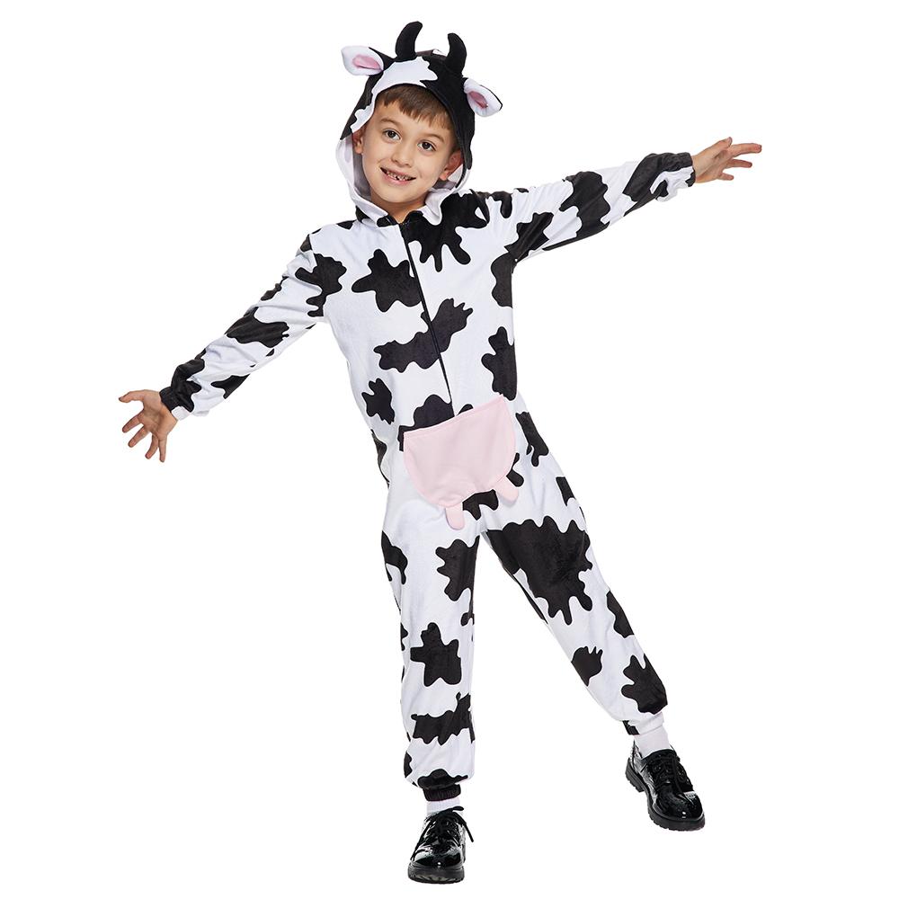Child Plush Cow Print Pajama Costume Halloween Kids One-Piece Animal Dairy Cow Outfits