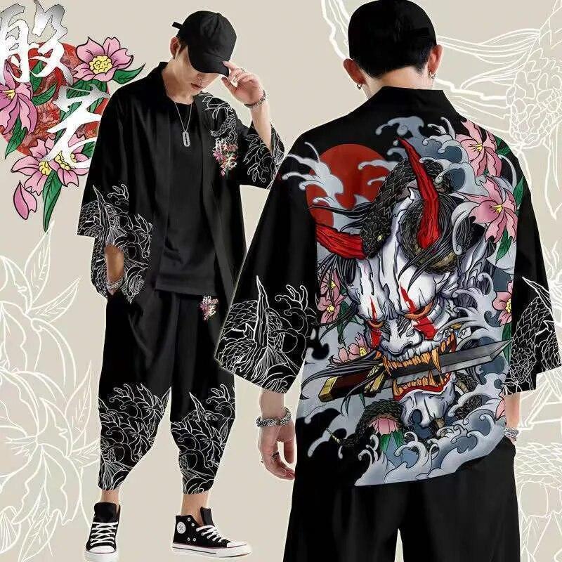 Fox Printing Japanese Style Fashion Kimono and Pants Set Men Cardigan Blouse Haori Obi Asian Clothes