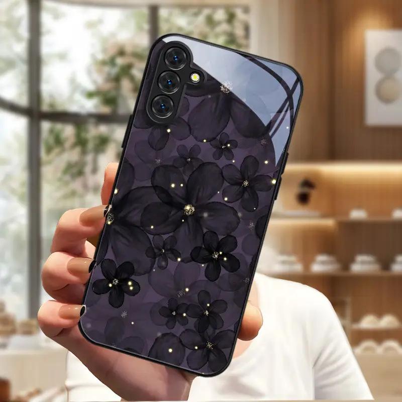 Премиальный Черный Цветок из Пряжи Стеклянный Чехол для Samsung S24 Extreme Edition Чехол для Телефона Galaxy S23plus Чехол
