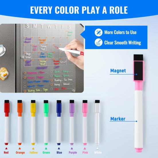 Acrylic Fridge Calendar Clear Monthly Planner White Board for Refrigerator Dry Erase Board Calendar with 8 Markers for Businees Meetings Grocery List