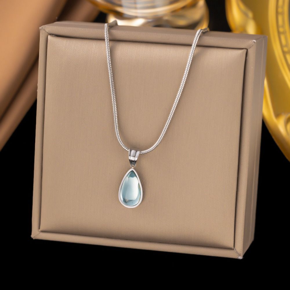 Olive-green Water Drop Neck Chain Colorfast Snake Bone Chain Necklace Drop Pendant Necklace Unisex