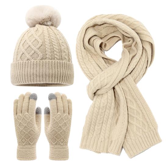 Набор из 3 предметов: женская шапка, шарф, перчатки, украшенный плюшевым помпоном, шапка без полей, длинный шарф, набор перчаток для сенсорного экрана, зимние аксессуары