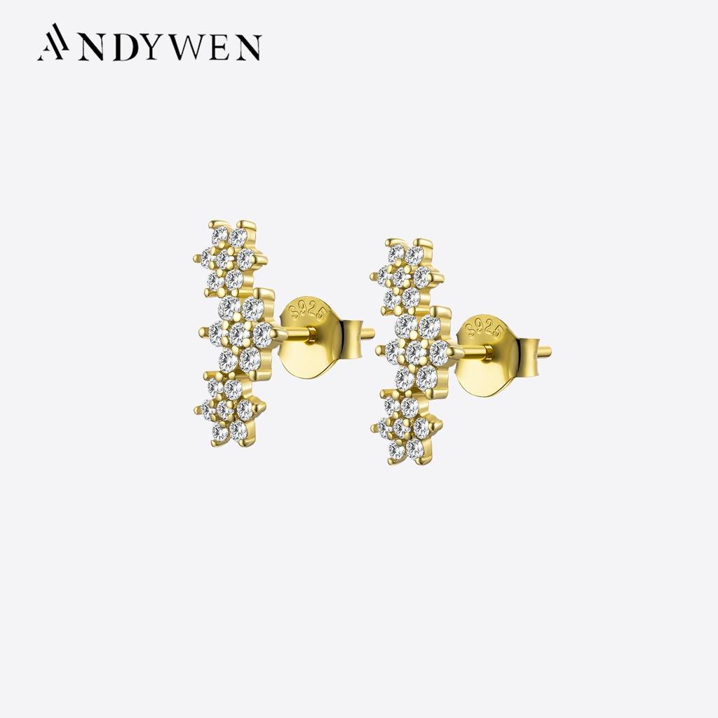 ANDYWEN 925 Sterling Silver Three Flower Stud Earring Luxury Women Fashion Crystal Luxury Jewelry For Wedding