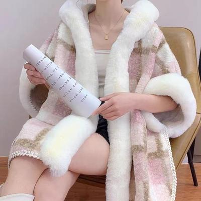 Свободная шаль женская ретро тонкая накидка с утолщенным меховым воротником и капюшоном куртка