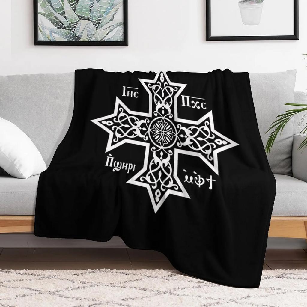 Coptic Orthodox Cross with Jesus Christ the Son of God Throw Blanket Warm Cozy Throw Blanket for Living Room Couch