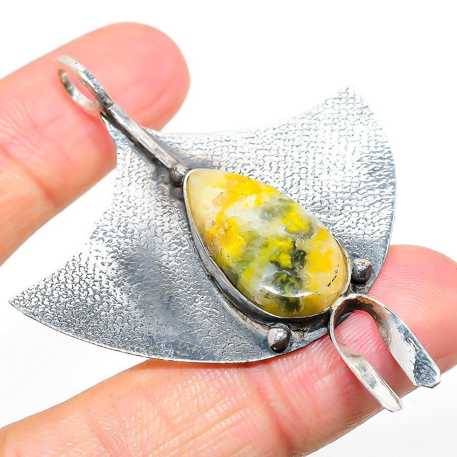 Natural Bumble Bee Jasper Gemstone 925 Sterling Silver Pendant 2.56" Q9M65