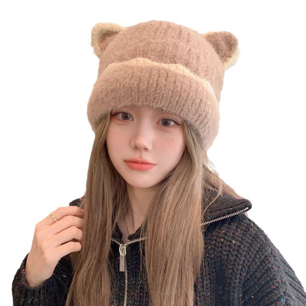 Solid Color Knitted Woolen Hat Keep Warm Cat Ear Skullies Soft Cat Ear Beanie  Girl