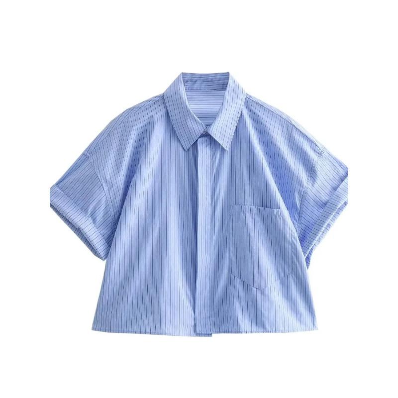 Women's Fashion Crop Poplin Shirt Women Casual Lapel Short Sleeve Pocket Front Button Versatile Female Top