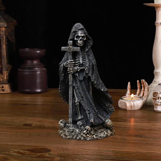 Halloween Black Robe Skeleton Figurine Gothic Cross Skeleton Resin Statue Sculpture Home Office Desktop Bookshelf Decoration Ornament Festival Gift