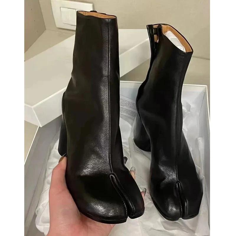 Мода 2024 Осень Зима Мягкая Кожа Разделенный носок Таби Женские Ботильоны Модные Толстый Высокий каблук Массивная Обувь INS Стиль Короткие Ботильоны