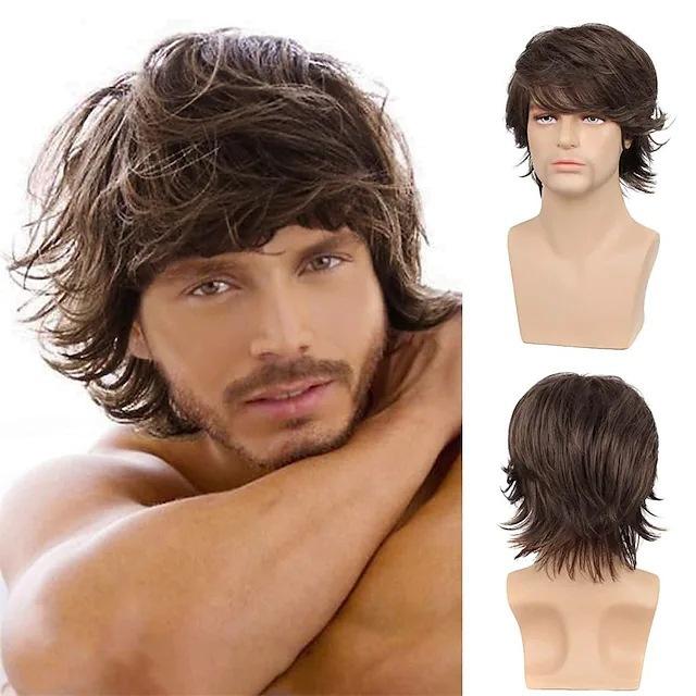 Synthetic Men Curly Wig Short Brown Black Blond Gray Hair With Bangs Natural Fluffy Hairstyle Cosplay Daily Use Heat Resistant Fiber Wigs