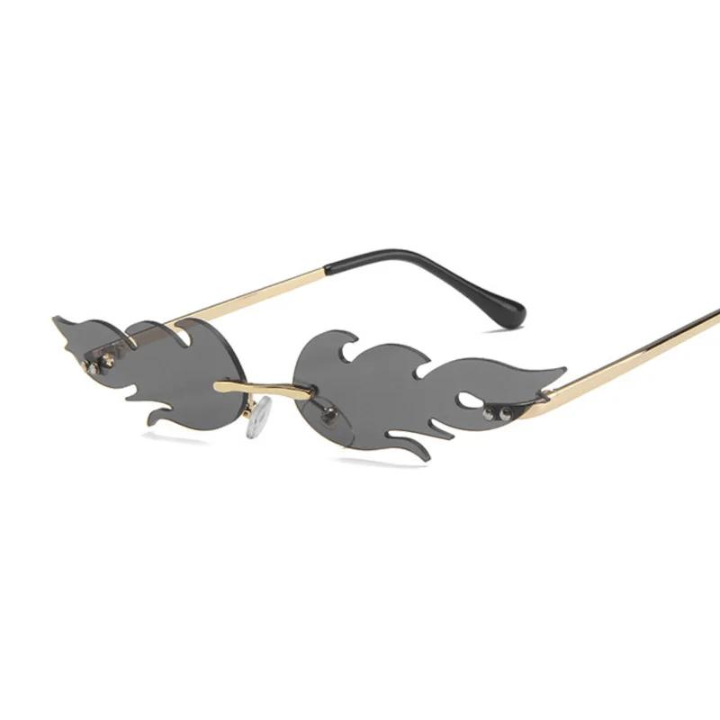 Fashion Style Oval Fire Flame Sun Glasses Woman Metal Material Rimless Sun Eyeglasses Female Small Glasses Frame Ocean Mirror Luxury Design Oculos