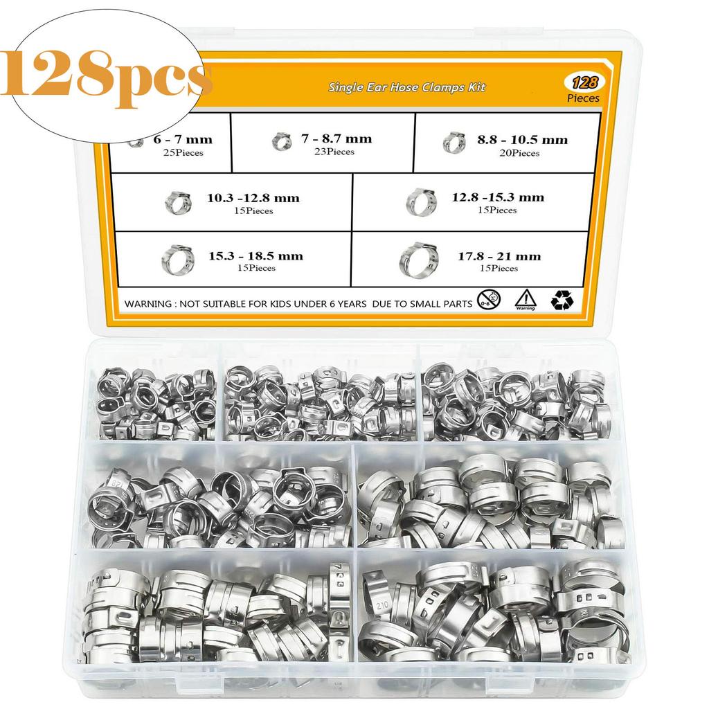 128Pcs Single Ear Stepless Clamp Set Hose Clamp Clamp 304 Stainless Steel Single Ear Pipe Clamp PEX Pipe Clamp