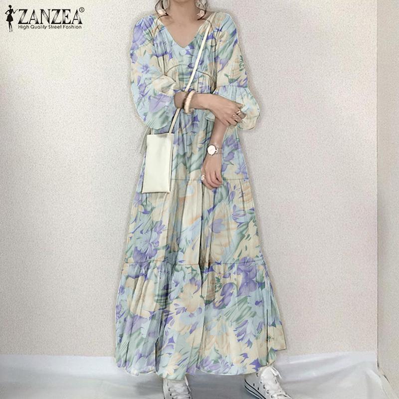 ZANZEA Women Casual V-neck Floral Print Long Sleeve Long Dress