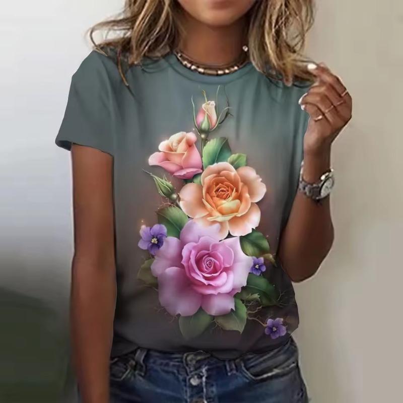 Летняя женская футболка с круглым вырезом, модный 3D-принтованный цветочный узор, удобная свободная футболка с коротким рукавом