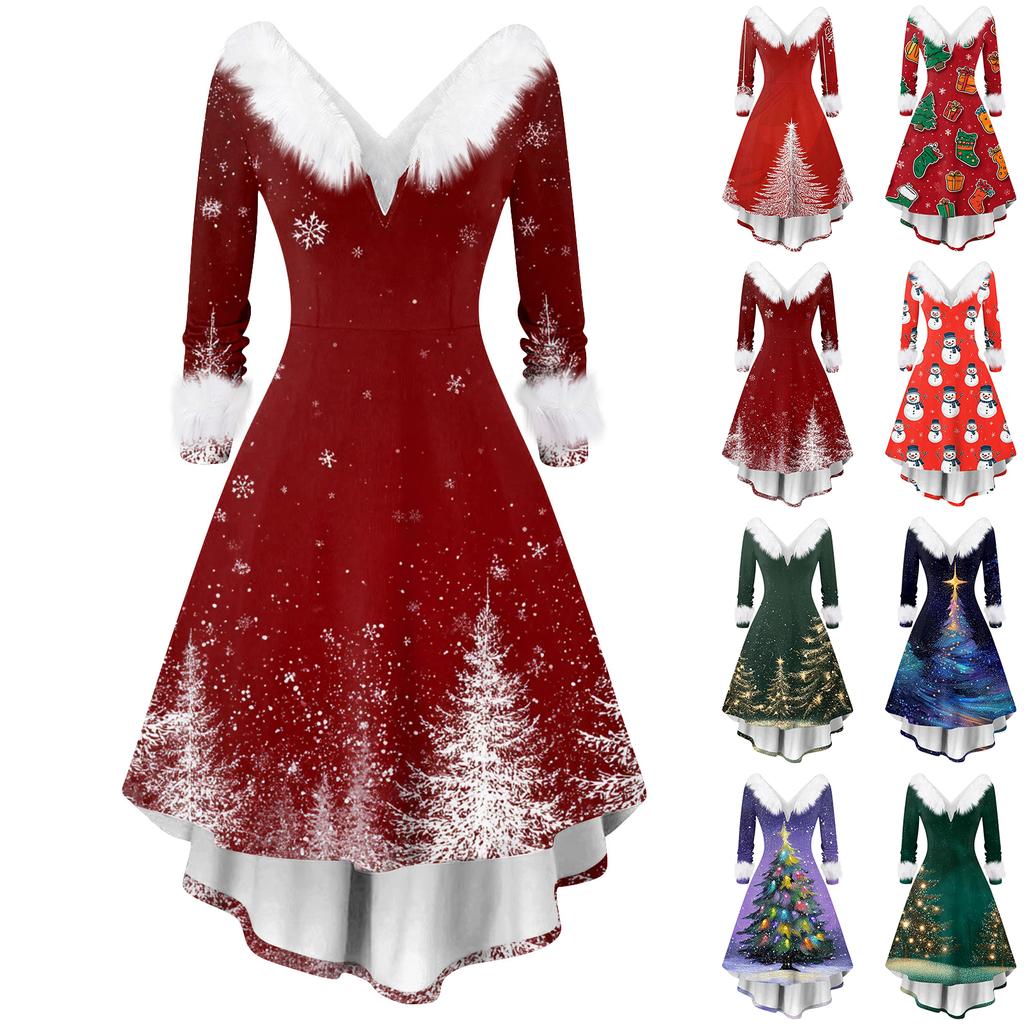 Women's Fashion Casual V-Neck Christmas Print Long Sleeve Dress