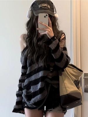 Готический уличный полосатый вязаный свитер, женский Harajuku, панк, джемпер с отверстиями, свободные универсальные топы в стиле гранж, E-girl