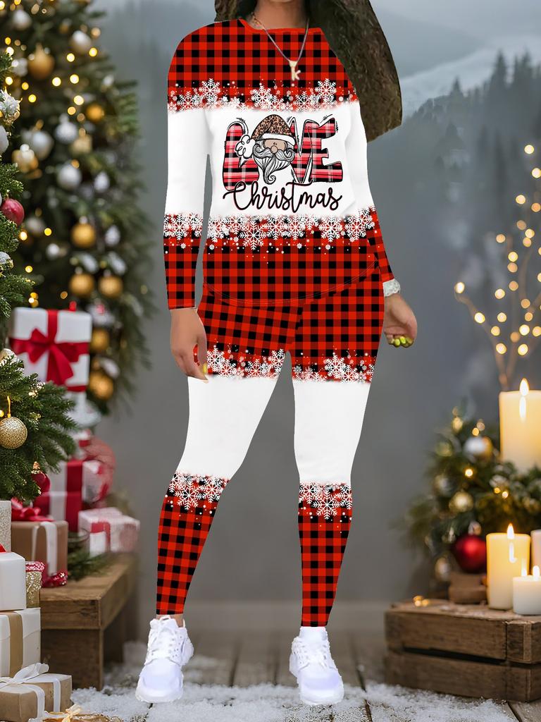 Женский рождественский костюм-двойка с принтом: Топ с длинным рукавом и круглым вырезом и брюки, праздничный лимитированный повседневный костюм для вечеринки в подарок
