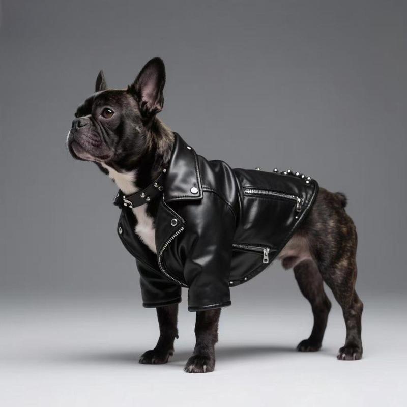 Punk Style Dog Faux Leather Jacket Rivet Decor Lapel Zipper Design Cool Motorcycle Coat Spring Autumn Pet Outfit for Medium Dogs