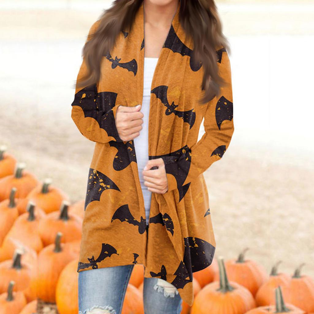 Женская мода, повседневный кардиган с принтом на Хэллоуин, средней длины, с длинными рукавами, пальто