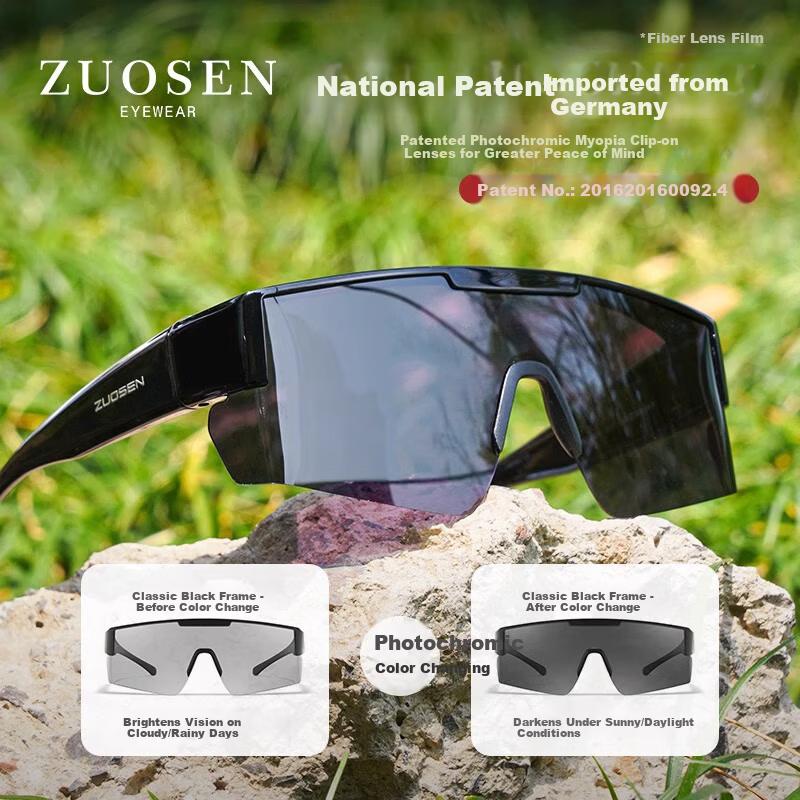 ZUOSEN Cycling Prescription Clip-On Men's Photochromic UV Protection Sports Sunglasses Black Frame