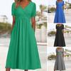 Женское летнее платье с плиссированным ремешком и V-образным вырезом с короткими рукавами, однотонное платье с карманами трапециевидной формы со свободным подолом, дышащее мягкое платье миди для свиданий
