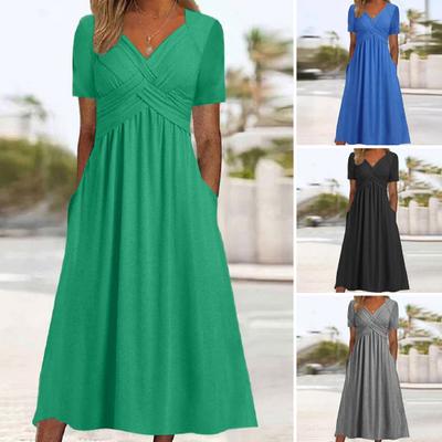 Женское летнее платье с плиссированным ремешком и V-образным вырезом с короткими рукавами, однотонное платье с карманами трапециевидной формы со свободным подолом, дышащее мягкое платье миди для свиданий