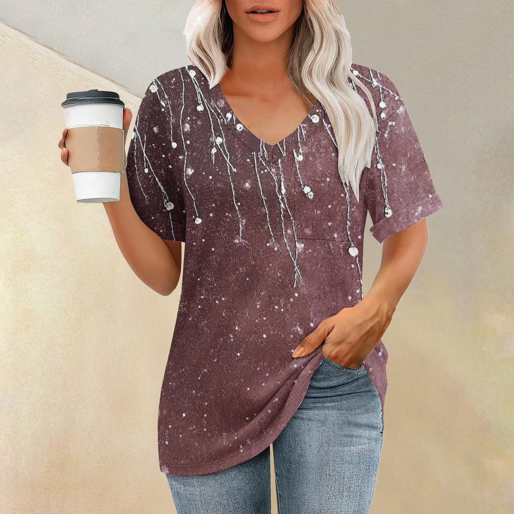 Женская модная футболка с коротким рукавом и V-образным вырезом с карманом и цветочным принтом