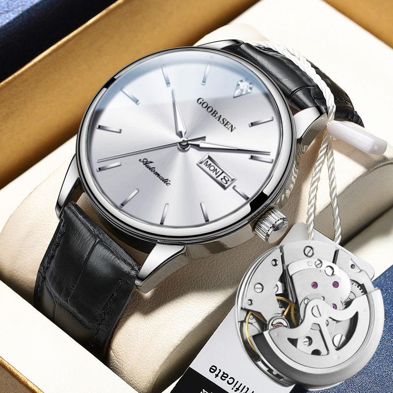 Мужские полностью автоматические светящиеся механические часы - Водонепроницаемые, Модные, Дизайн с полым корпусом и двойным календарем.