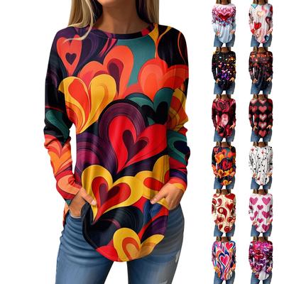 Футболки для женщин Повседневные рубашки с круглым вырезом и длинным рукавом с принтом ко Дню святого Валентина Топ-пуловер