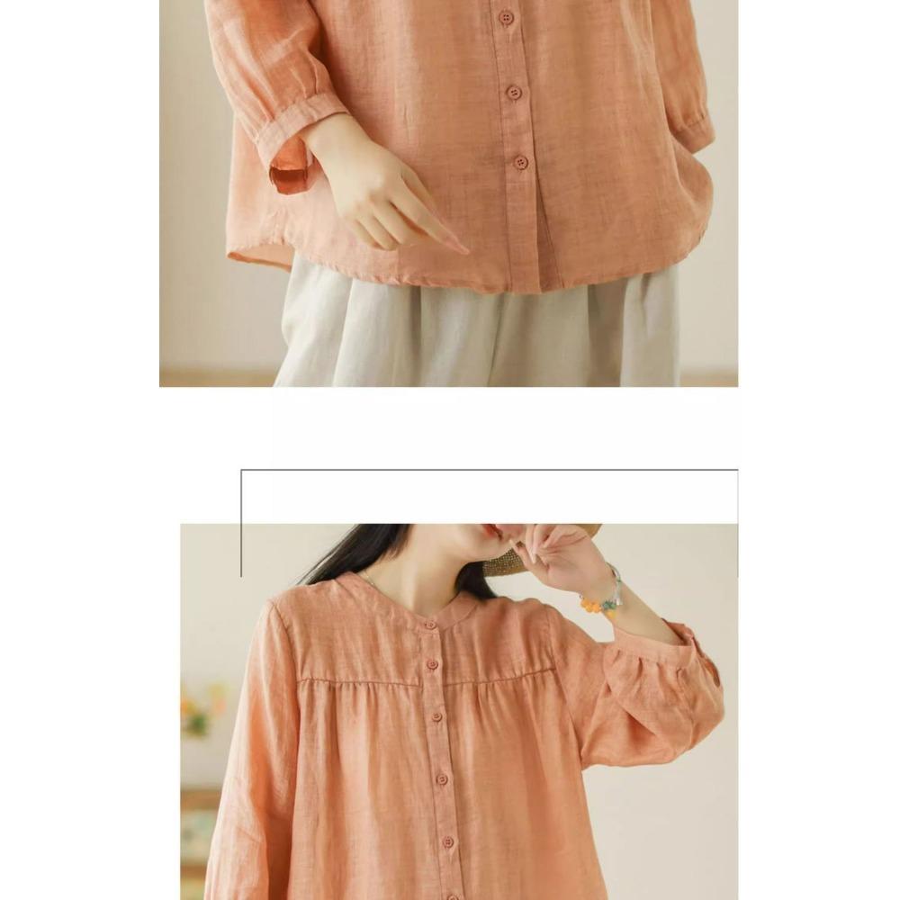 Artistic Retro Spring and Summer New Versatile Loose Slimming Cotton and Linen Cardigan Top Seven Quarter Sleeved Shirt Women's Clothing