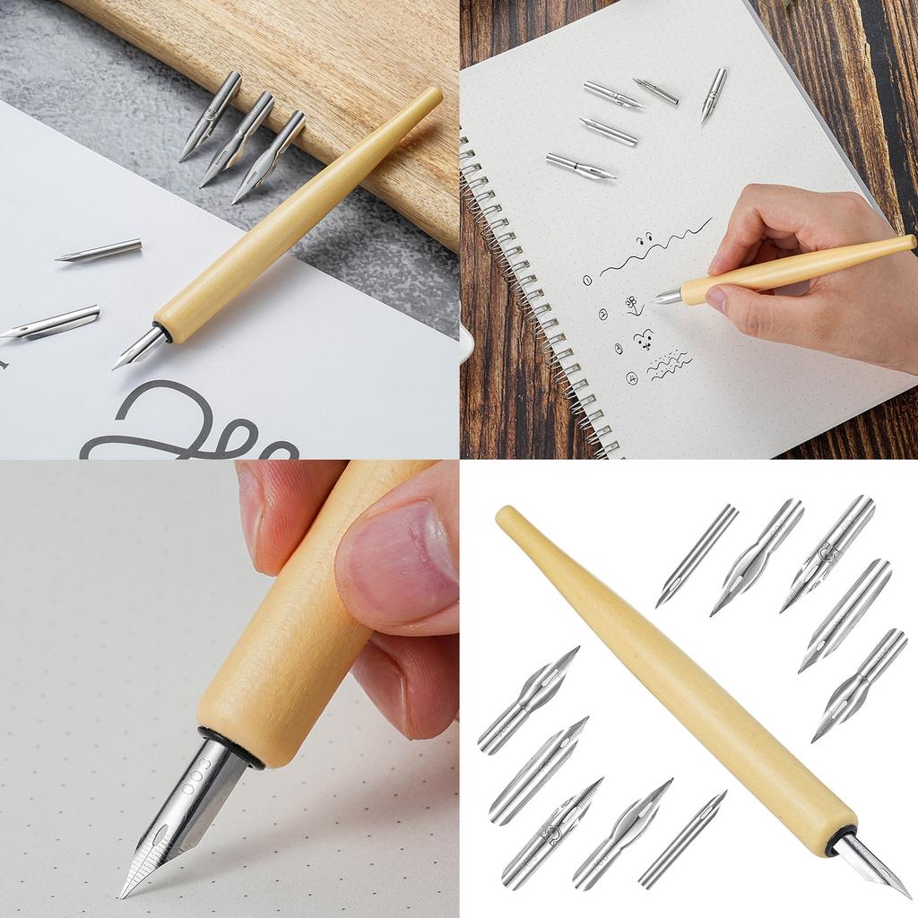 Dip Pen Holder with 5 Interchangeable Tip Wood Dip Pen Calligraphy Fountain Pen for Writing Drawing Art Illustrations