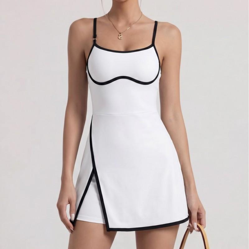 Womens Tennis Dress With Removable Padded Bra Built-in Shorts Color-Block Design Quick-Dry Stretch Sport Suit Gym Running