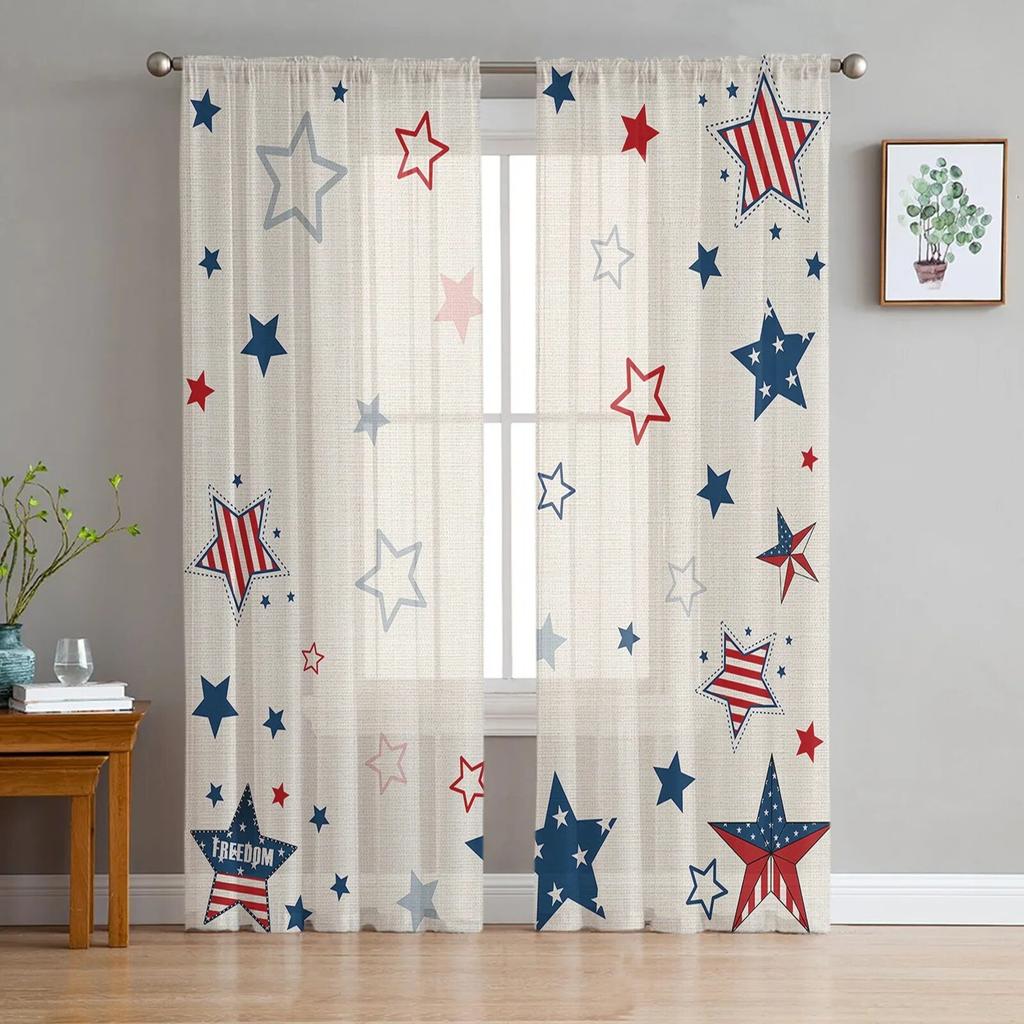Independence Day Pentagram Sheer Window Curtains For Living Room Kitchen Children Bedroom Voile Hanging Curtain