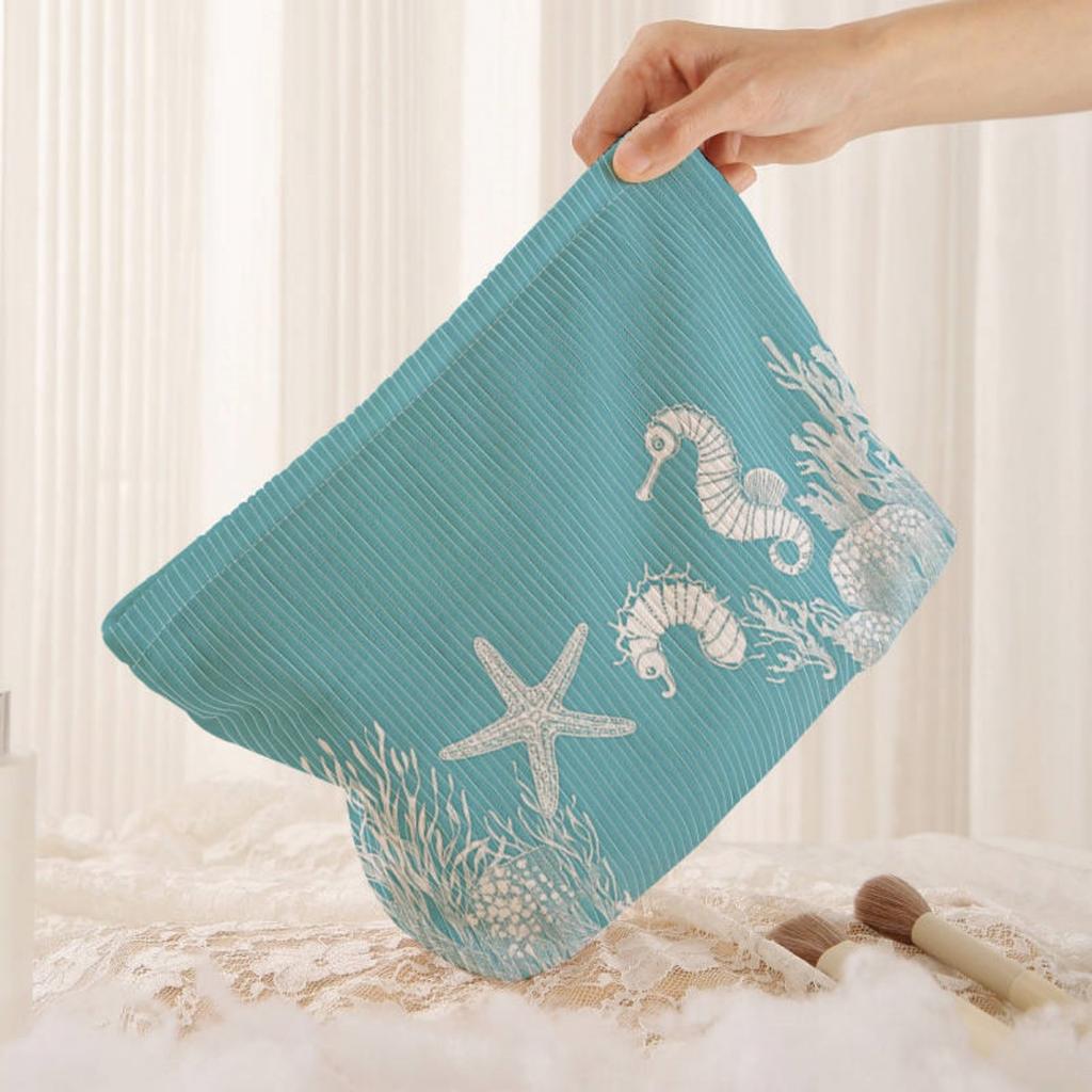 Ocean patterned corduroy makeup bag, lightweight zipper storage box, multifunctional bag with lining, used for storing cosmetics