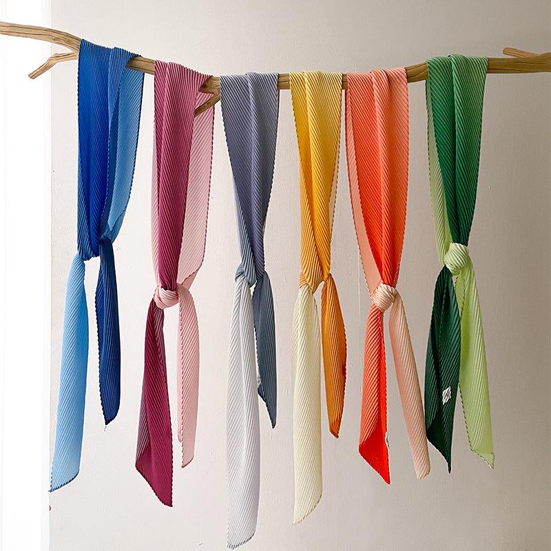 Women Pleated Head Scarf Wraps Scarves Neckerchief Bandana Solid Color