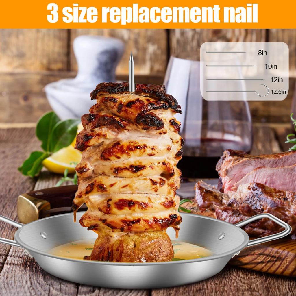 Vertical Skewer 304 Stainless Steel Pastor Skewer for Grill Durable Vertical Skewer Stand with 3 Removable Spikes 8/10/12 Inch