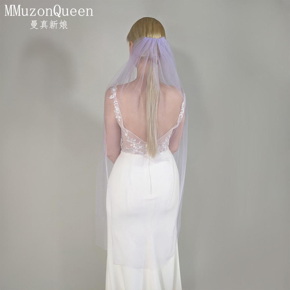 Plain Solid Color Tulle Bridal Veil Single Layer Soft Flowy Simple Wedding Veil White Lavender Light Blue Floor Length Veil For Bride Elopement Shoot