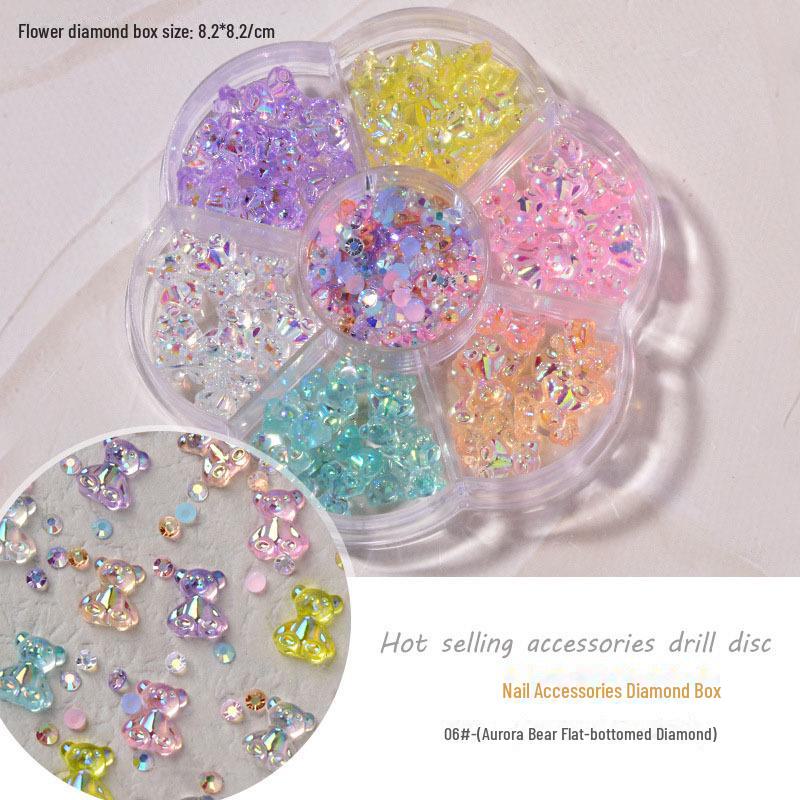 Набор для дизайна ногтей 7-Grid Mixed Set: Аксессуары в виде банта, медведя Авроры, бабочки, стразов, жемчуга и бриллиантов