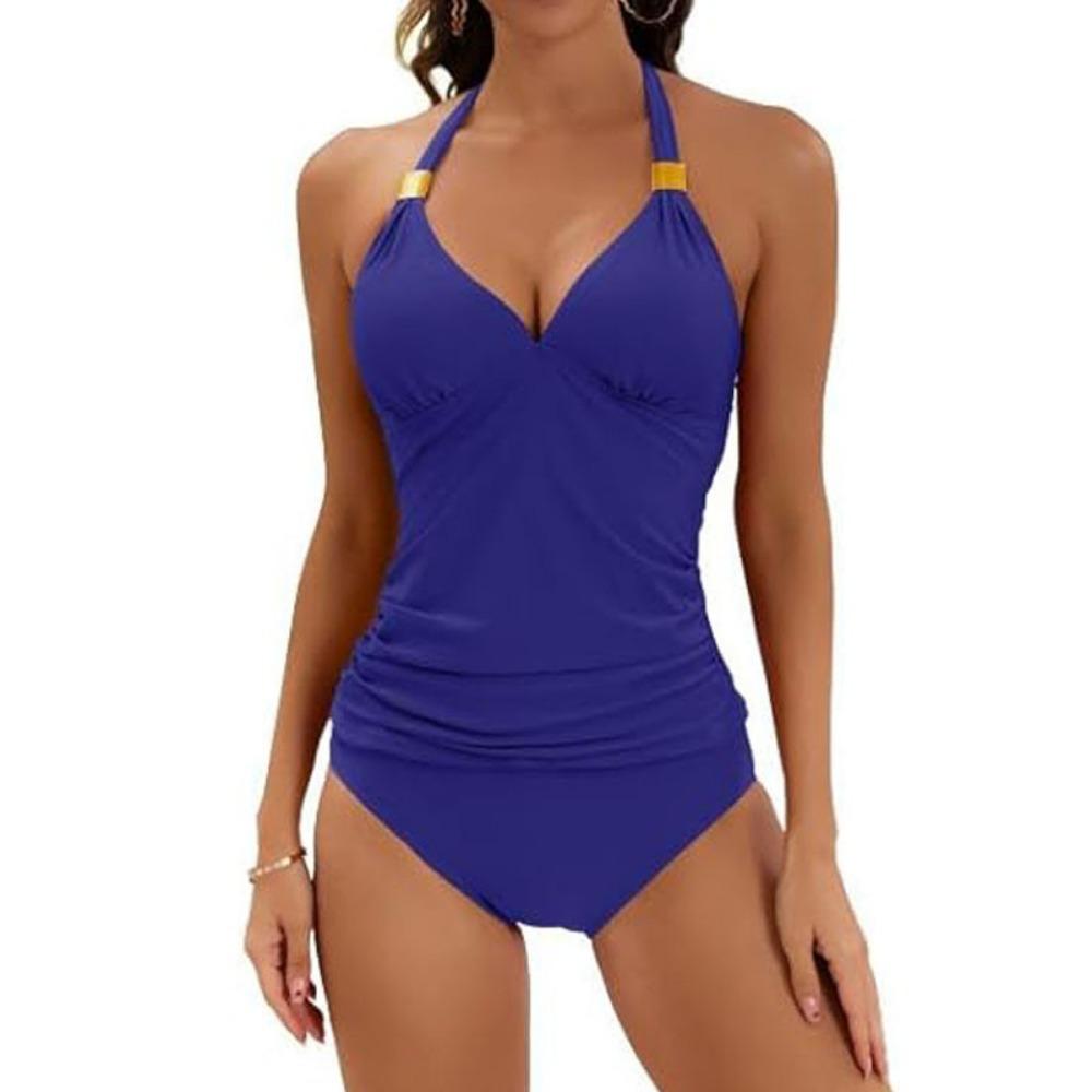 Women's Pure Color Halter Split Strap Belly Contracting Two Piece Swimsuit V-neck Swimsuit with Shorts