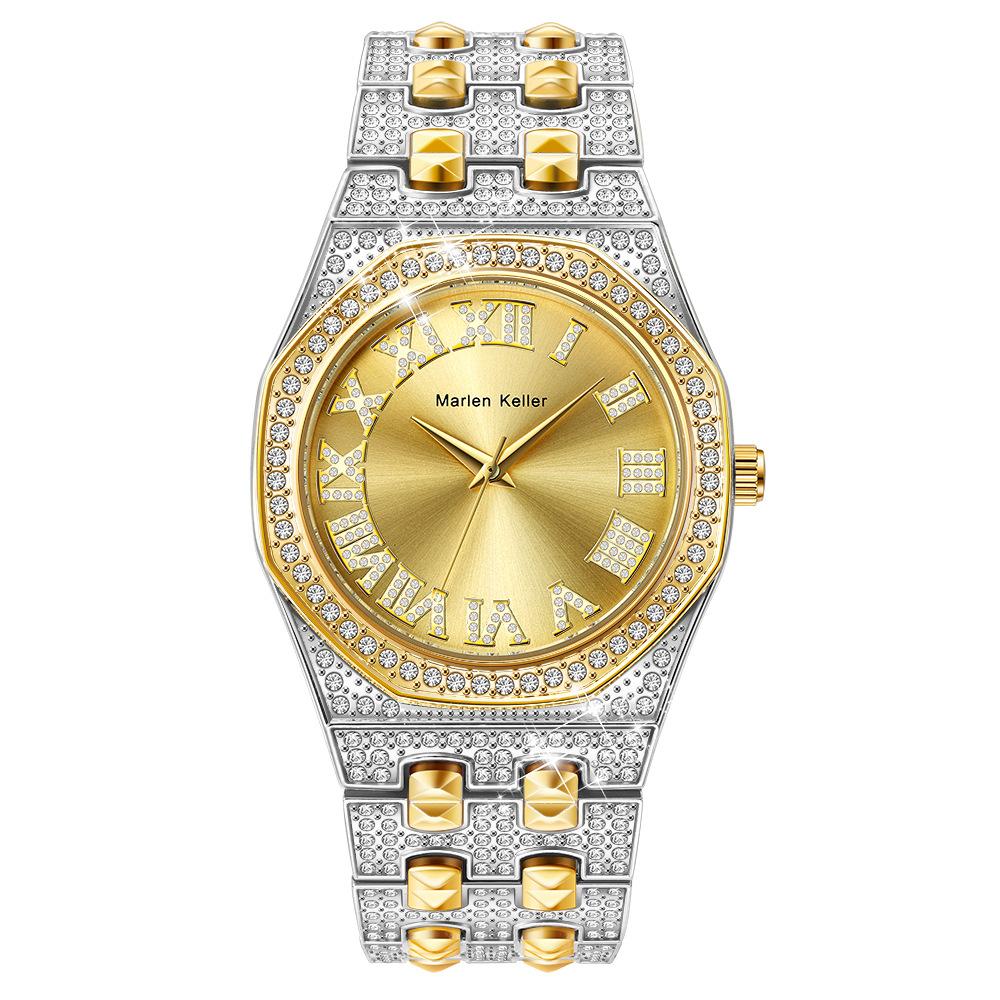 Men's Diamond Quartz Watch Waterproof Iced Out Wristwatch with Roman Numeral Dial, Gold/Silver Bling Hip Hop Watch for Men