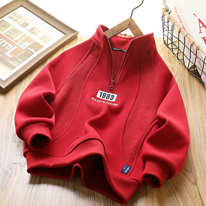 Флисовая толстовка для мальчиков зима 2024: Полузастежка-молния, длинный рукав, корейский стиль для детей