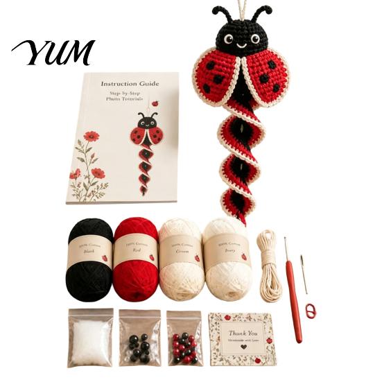 Polyester Yarn Crafting Set Crochet Garden Animal Spiral Hanging Kit, Beginner Friendly DIY Swing Nature Inspired Decor Butterfly Ladybug Hummingbird