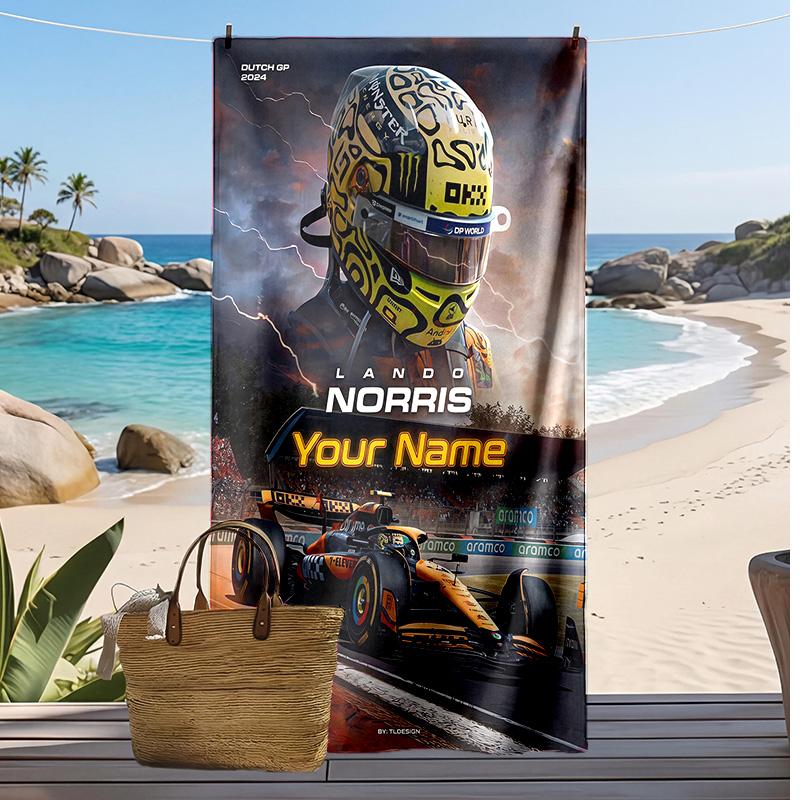 Lando Norris Custom Beach Towel, Print Your Name Text Lightweight Absorbent Towel for Swimming Travel