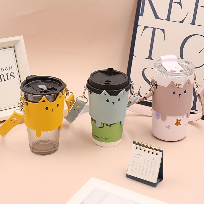Cute Cat Design PU Leather Cup Holder for Cat Lover Portable Cups Carrier Coffee Tea Milk Sleeve Outdoor Hand-held Bottle Cover