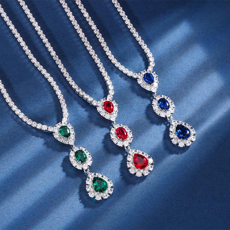 Luxury Fashion Emerald Sapphire Ruby Water Drop Long Pendant Zircon Tennis Necklace for Women Engagement Wedding Party Jewelry
