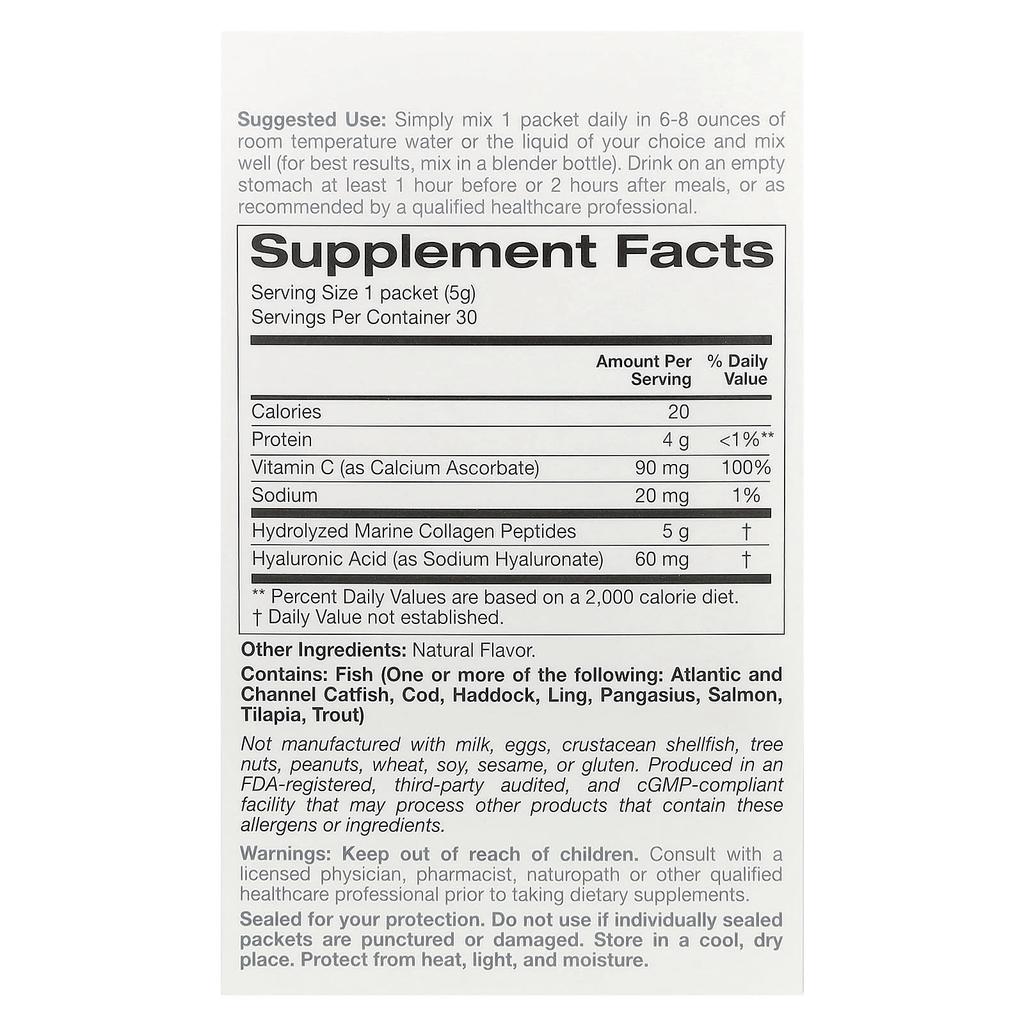 Solumeve Marine Collagen Peptides, with Vitamin C and Hyaluronic Acid, Lemon Flavor, 30 Packets, 5.38 G (0.19 Oz) Each