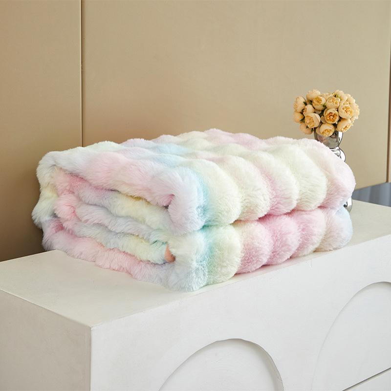 Rabbit Fleece Blanket Rainbow Double Layer Blanket Winter Thickening Sofa Cover Blanket Office Nap Blanket Dormitory Warm Blanket